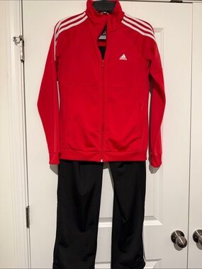 adidas Red Zip-Up Track Jacket with White Stripes and track pants